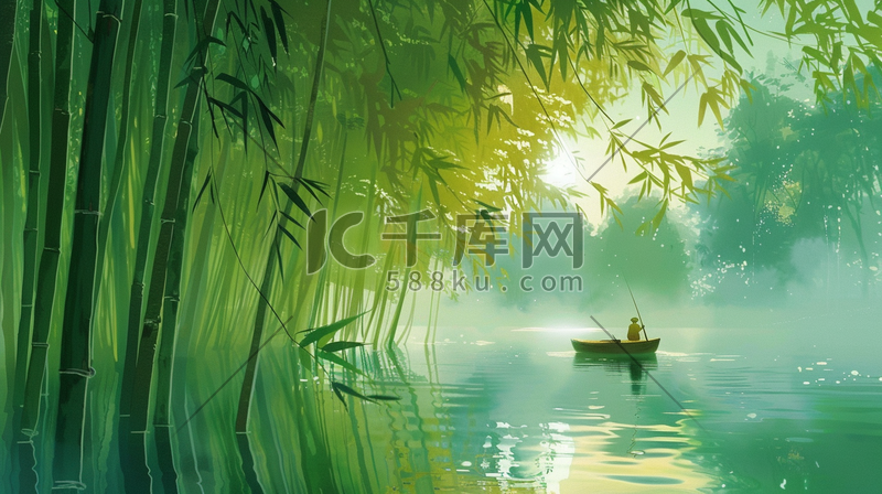 绿色竹林古装戴斗笠男子乘船背影的插画7图片