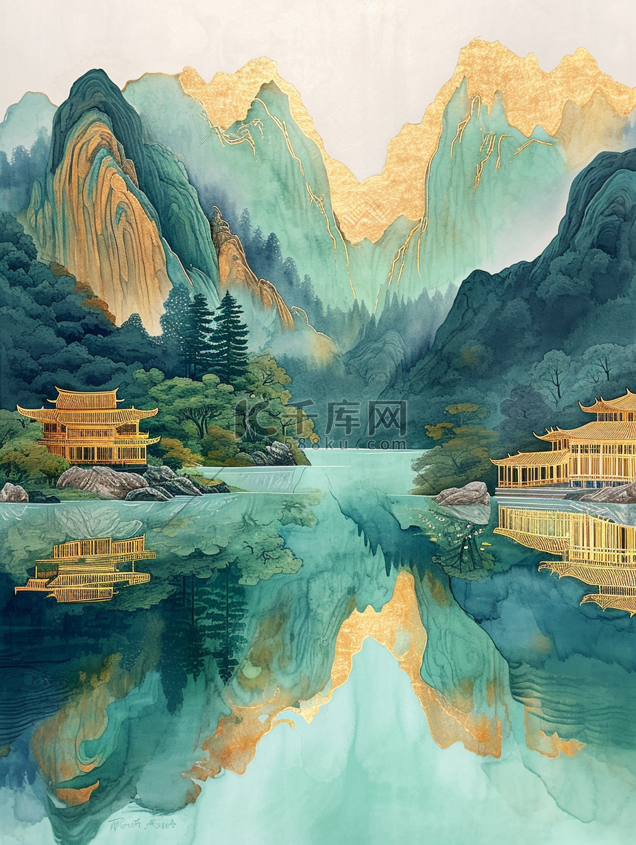 黄绿色国画艺术绘画山水风景的插画12图片