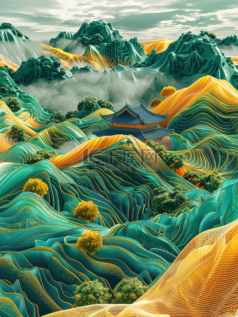 中式立体浮雕山和丘陵绿色黄色中国风插画图片