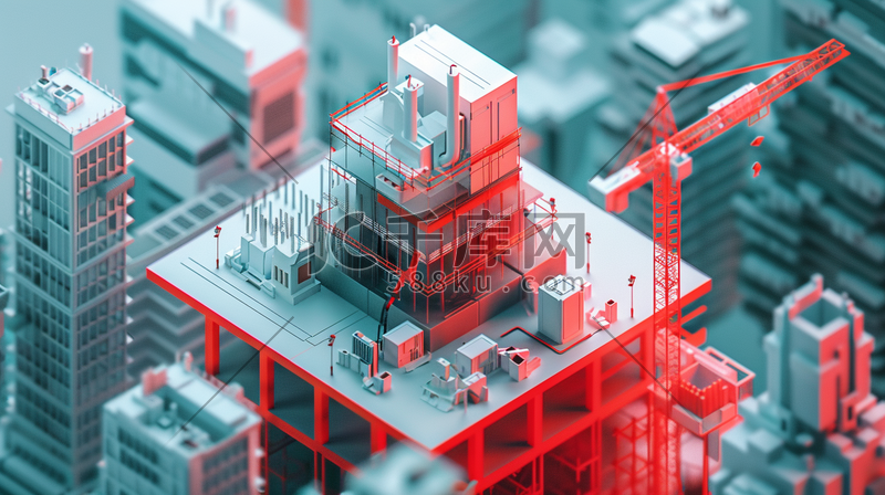 简约立体白红色城市建筑摆件的插画图片