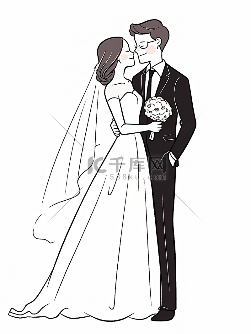新婚结婚新人简约线条手绘矢量插画图片
