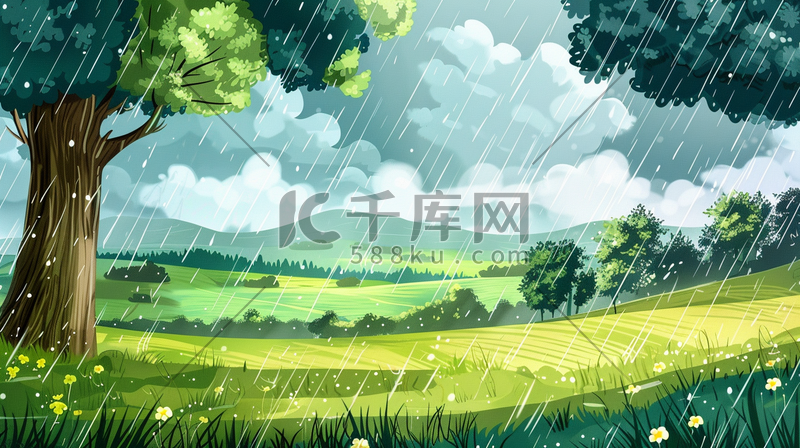 雨季下雨户外风景树木河流景色的插画26图片