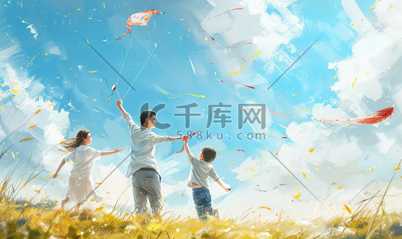 亚洲人一家三口在草地上放风筝图片
