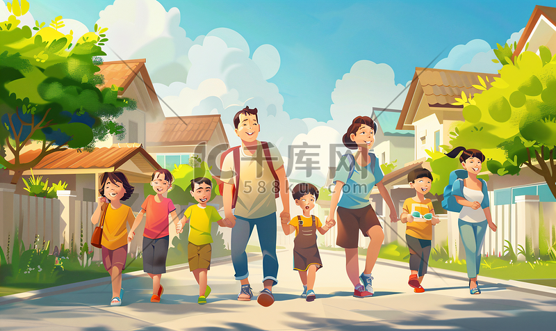 亚洲人幸福的六口之家在小区内散步1图片