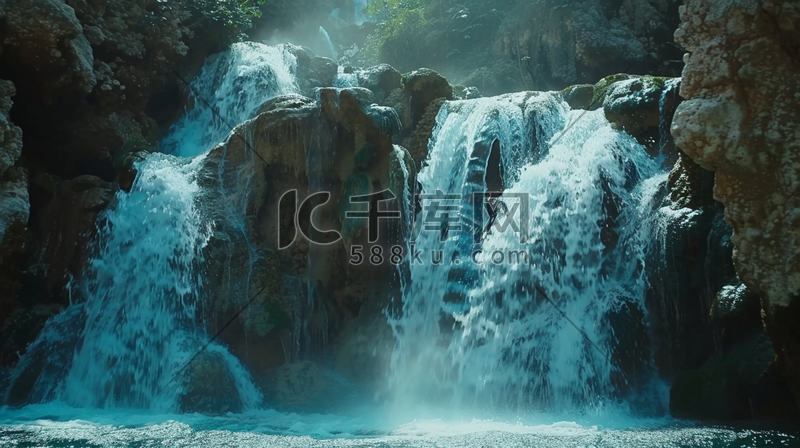 景区自然风光瀑布树木河流的背景19插画素材图片