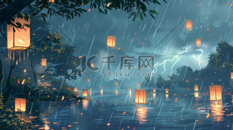 彩色手绘雨季山水风景区下雨的插画图片