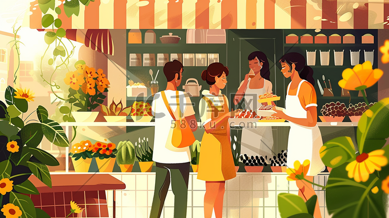 彩色手绘绘画餐馆厨房夜市的插画图片