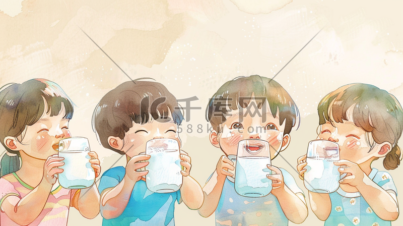 彩色手绘可爱儿童集体喝牛奶的插画图片