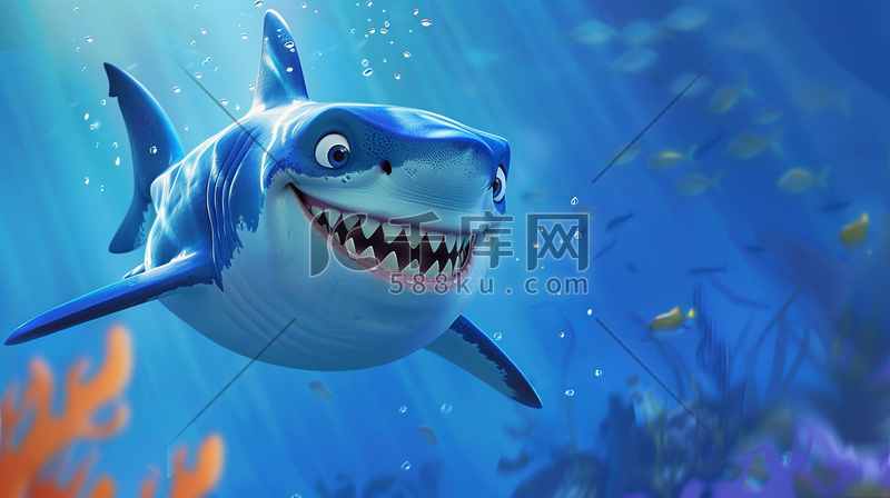 蓝色深海鱼类鲨鱼的插画10图片
