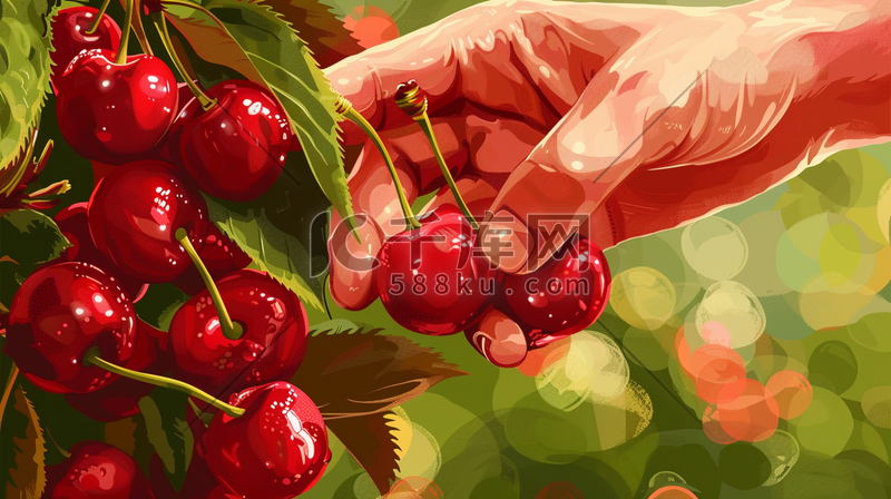 手绘绘画户外果园手摘樱桃的插画图片