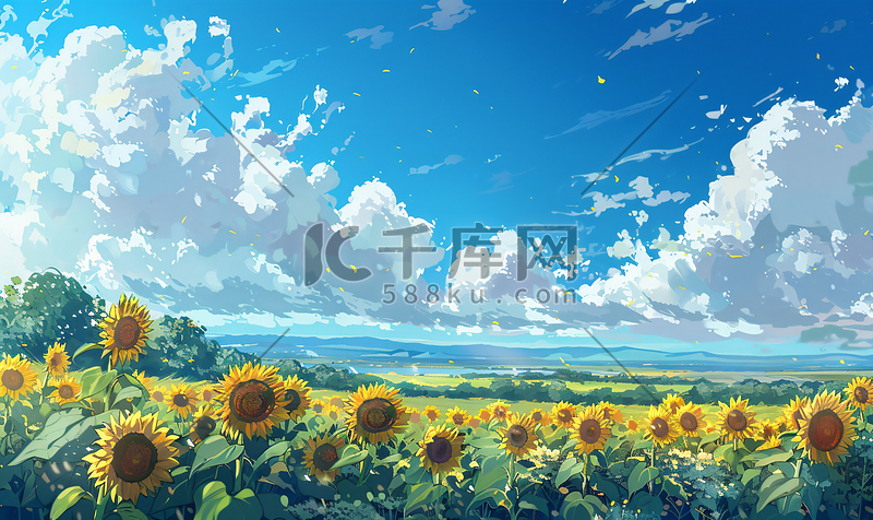夏天蓝天下的向日葵花朵自然风景图片