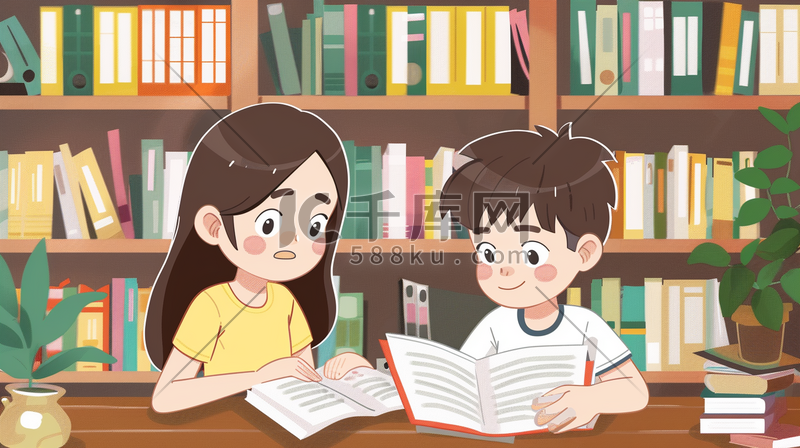 彩色手绘男孩女孩图书室看书的插画图片