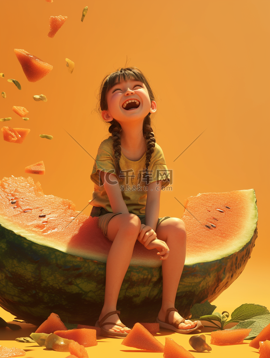彩色卡通大笑女孩吃西瓜的插画图片
