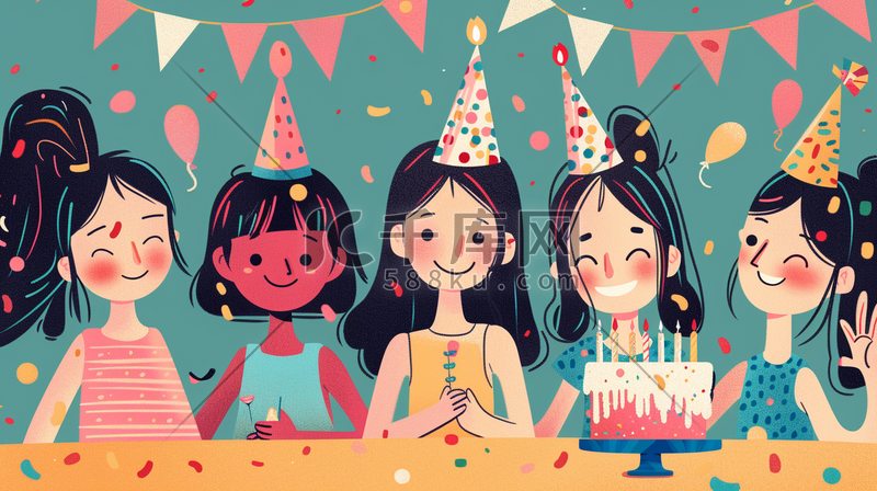 彩色卡通女孩开心生日聚会的插画图片
