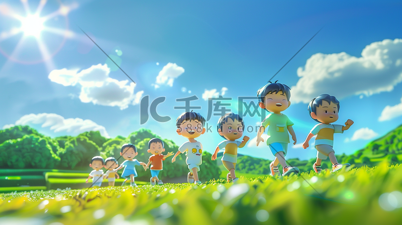 蓝天白云下户外草地上儿童牵手游玩的插画图片