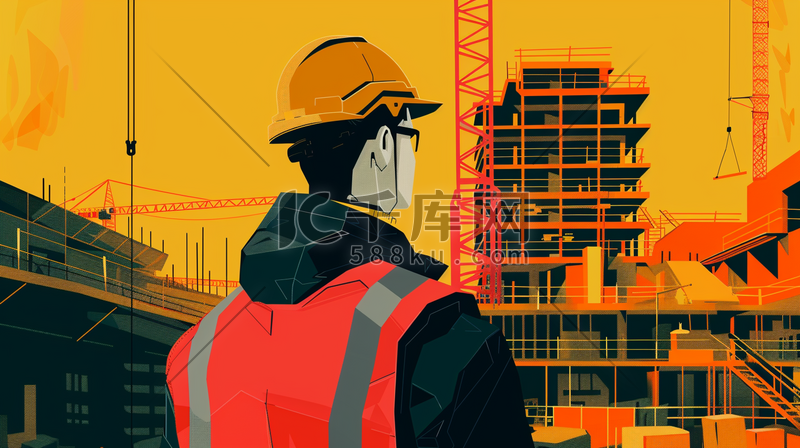 绘画男士工人建筑工地上插画图片