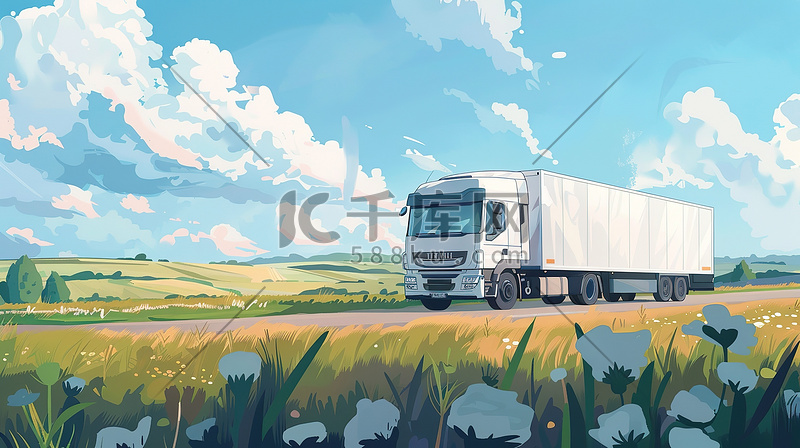 一辆卡车行驶在道路上插画素材图片