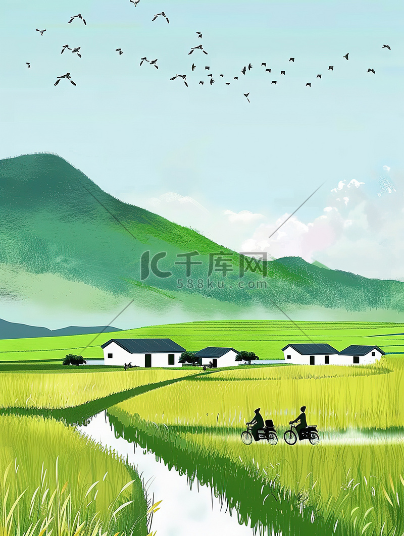 绿色的稻田田野上骑行插画设计图片