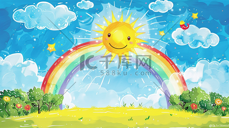 缤纷画画儿童卡通绘画太阳彩虹的插画图片