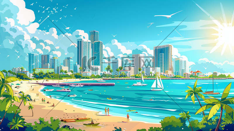 唯美手绘城市沿海建筑沙滩帆船的插画图片
