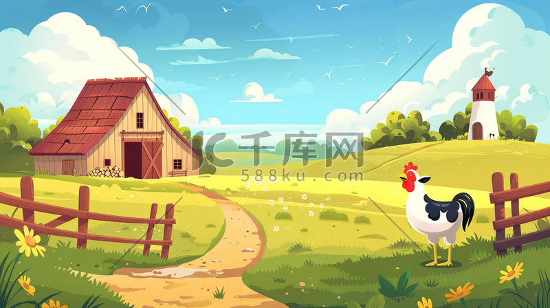 彩色缤纷卡通木屋农场公鸡草坪的插画图片