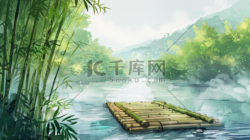 江河上一片竹筏插画图片
