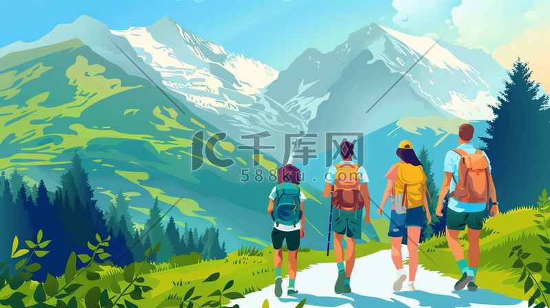 绘画登山人员徒步旅行登山的插画图片