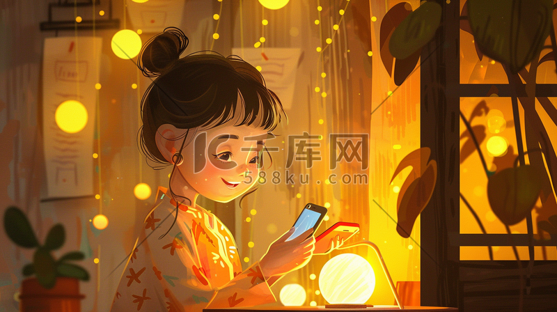 一个开心玩手机的女孩插画图片