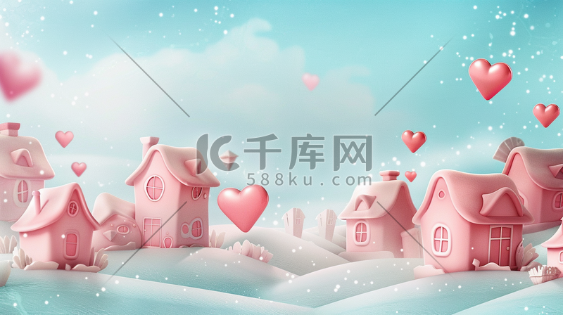 雪地上粉色小房子和心形气球插画图片