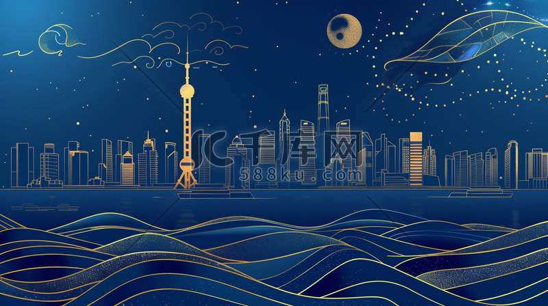 剪纸风江波和河对面的城市建筑插画图片