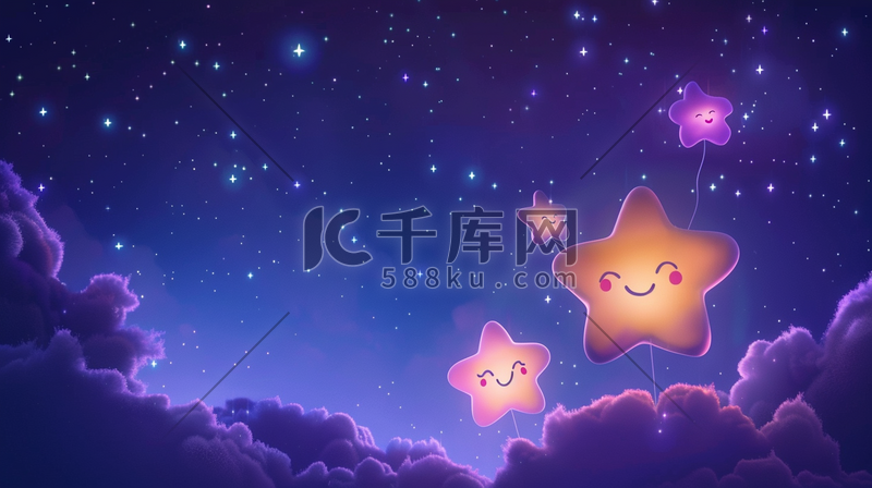 淡紫色夜空的云团与可爱的星星插画图片