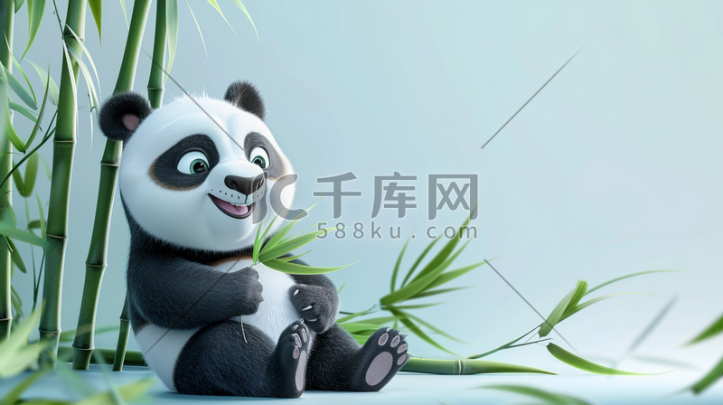 可爱的熊猫吃竹子插画图片