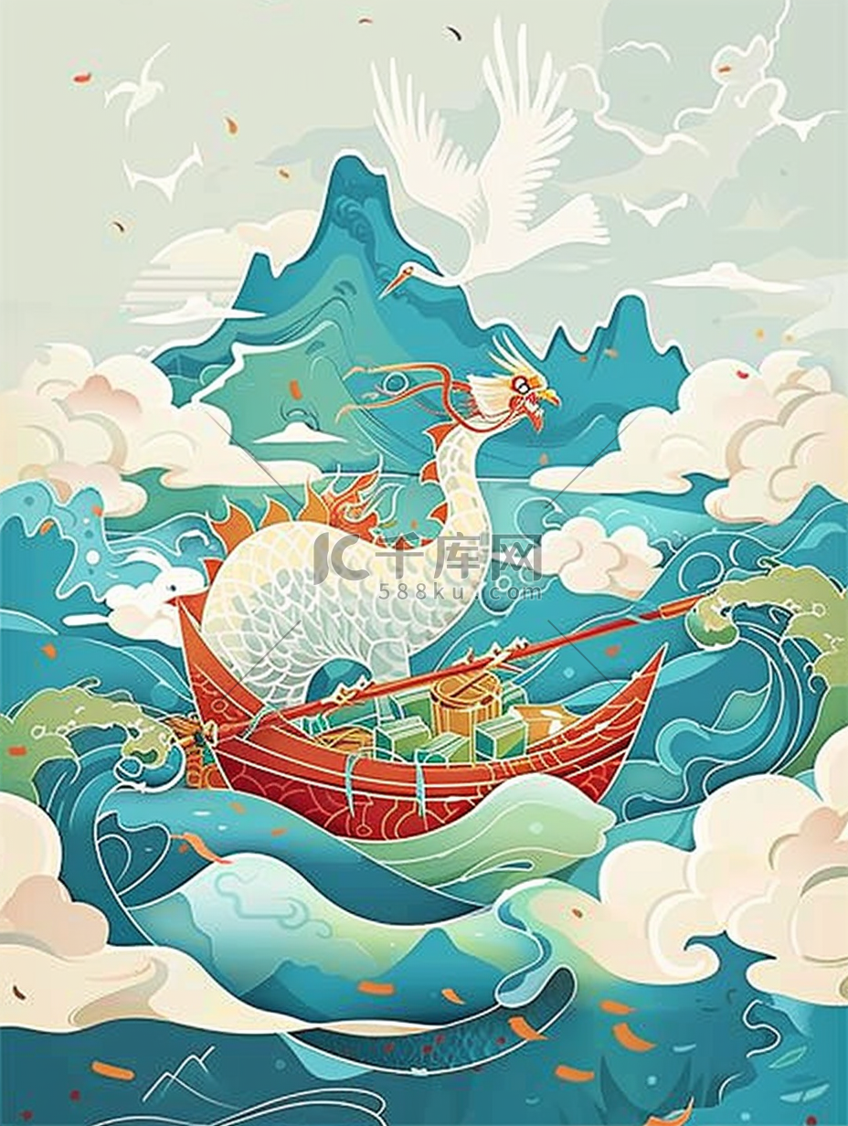 赛龙舟手绘插画端午节海报图片