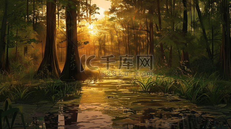 夏季阳光照射进森林插画图片