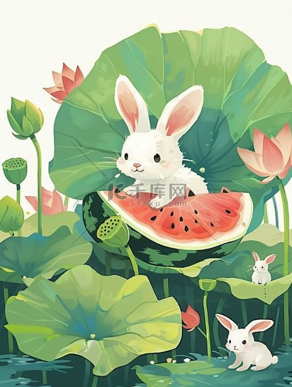 风景荷叶小兔西瓜手绘插画海报夏季图片