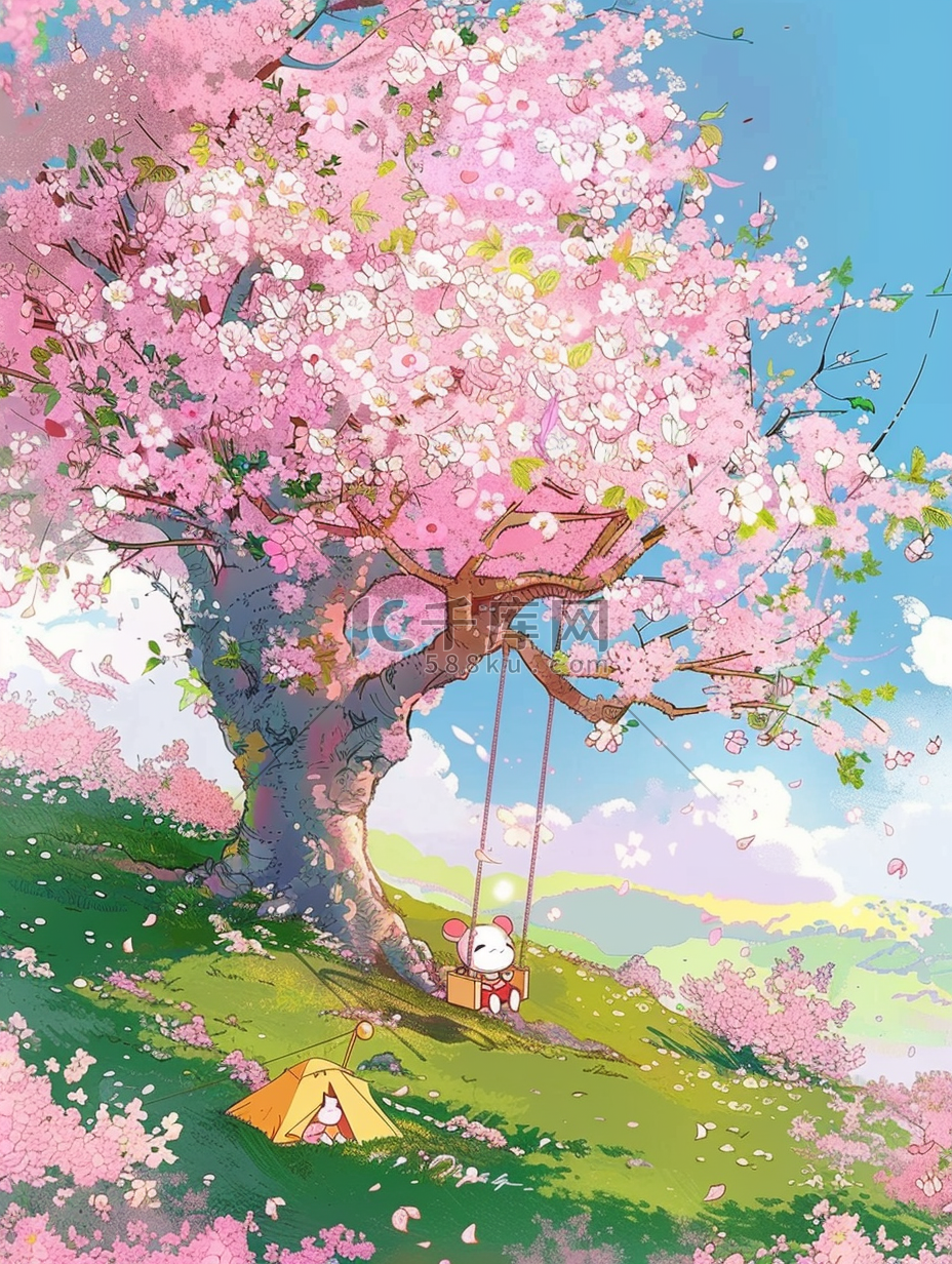 盛开樱花风景唯美手绘插画海报图片