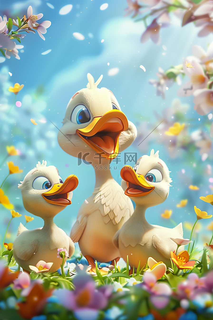 3d海报手绘夏日鸭子鲜花插画图片