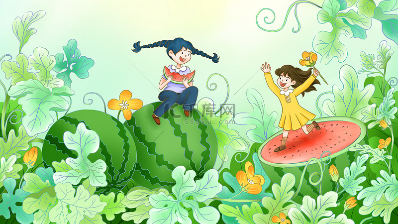 夏天的西瓜快乐的小孩插画海报图片
