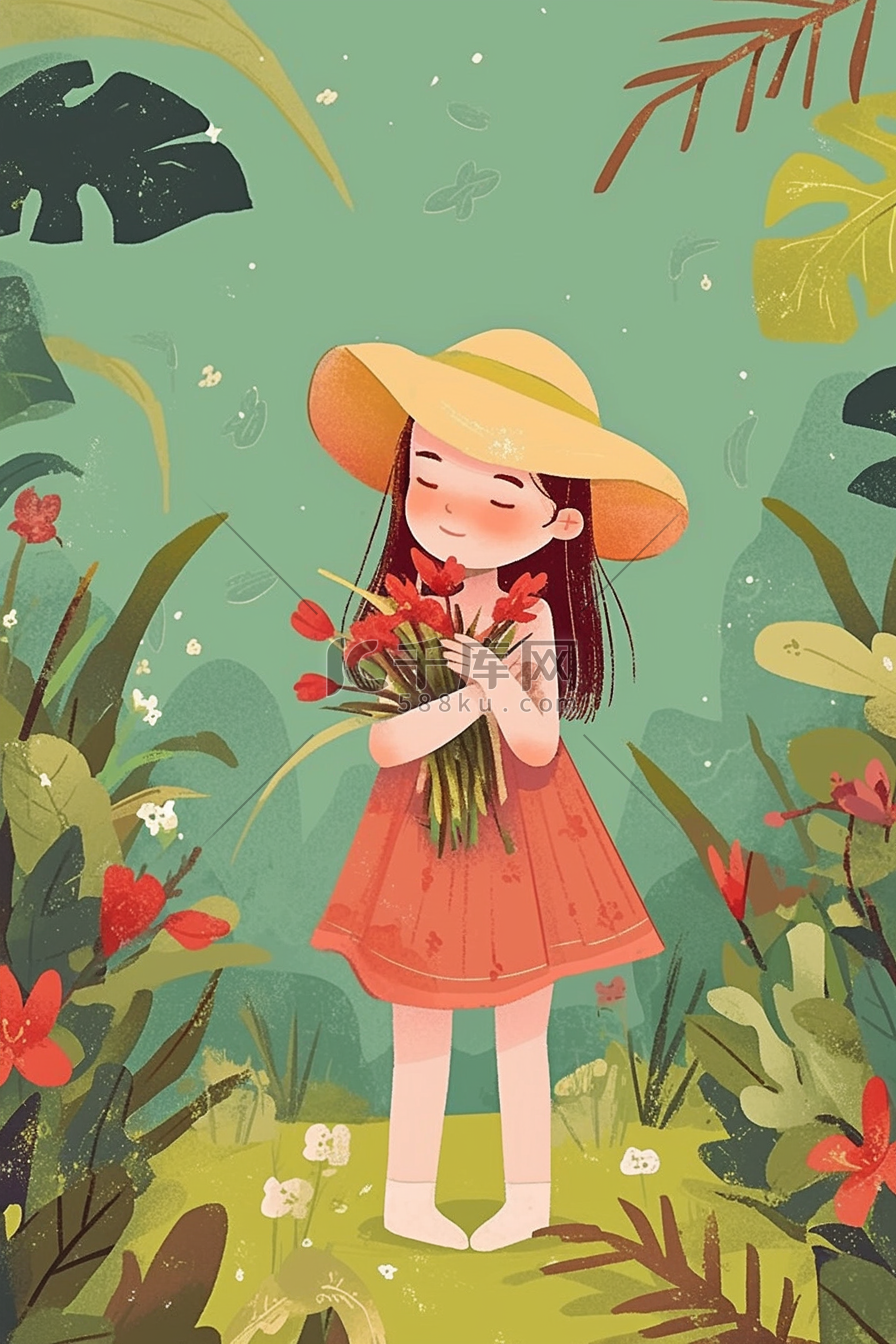 夏季女孩植物花朵手绘插画图片
