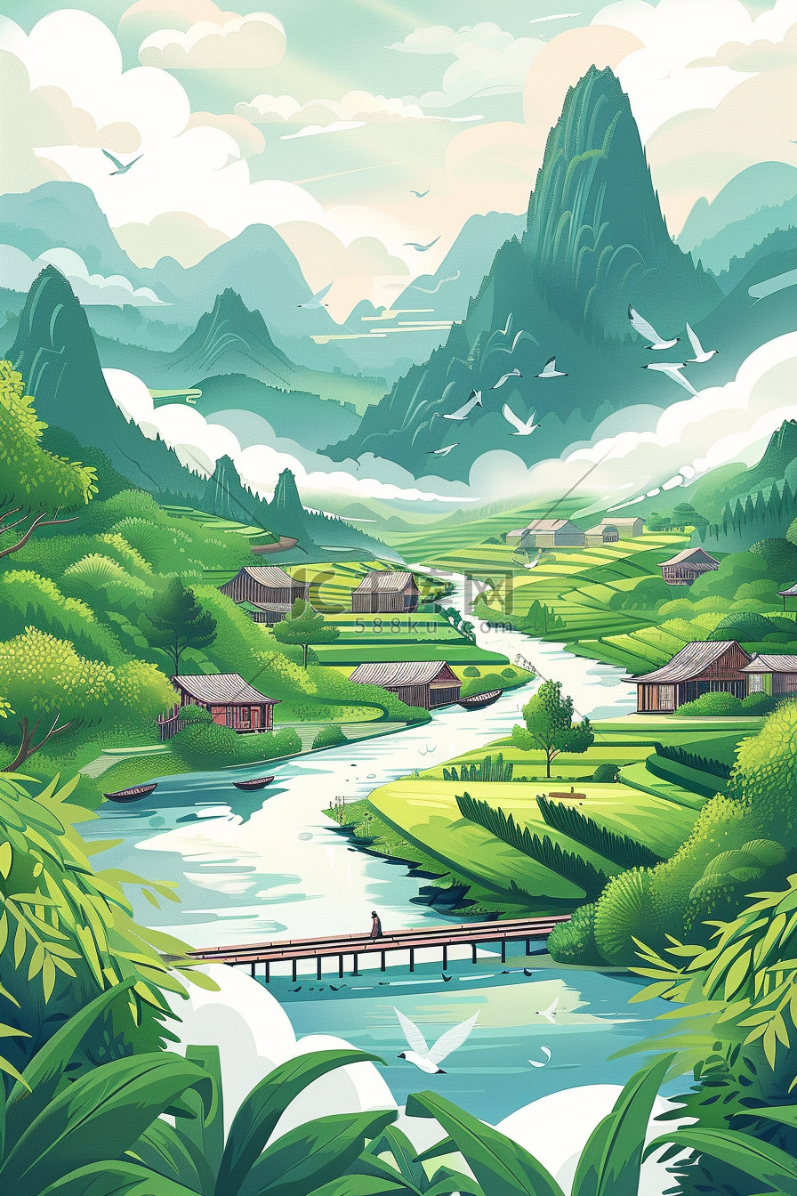夏季山河水彩插画手绘海报图片