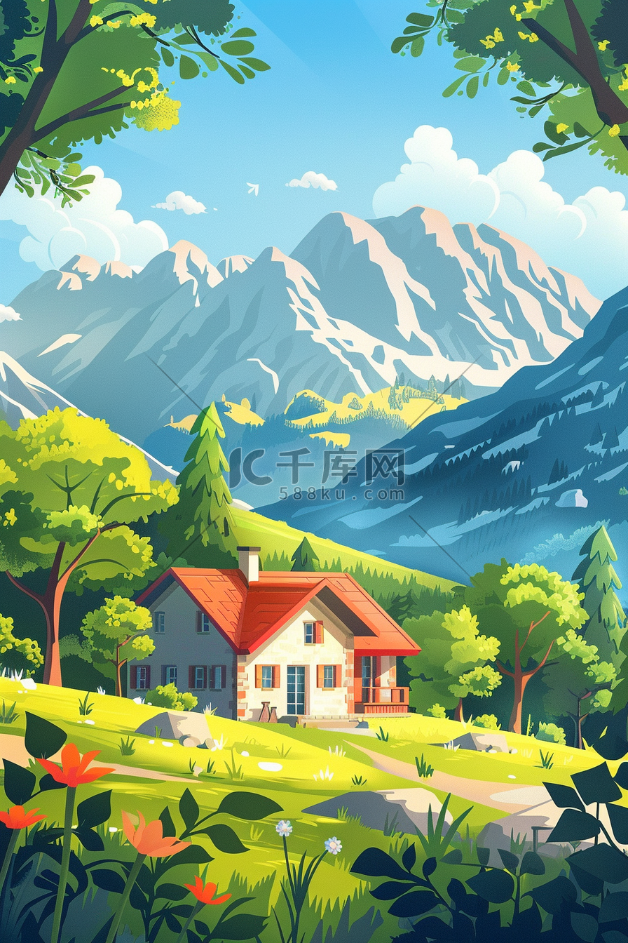 夏季乡村房子山峰树木海报手绘插画海报图片