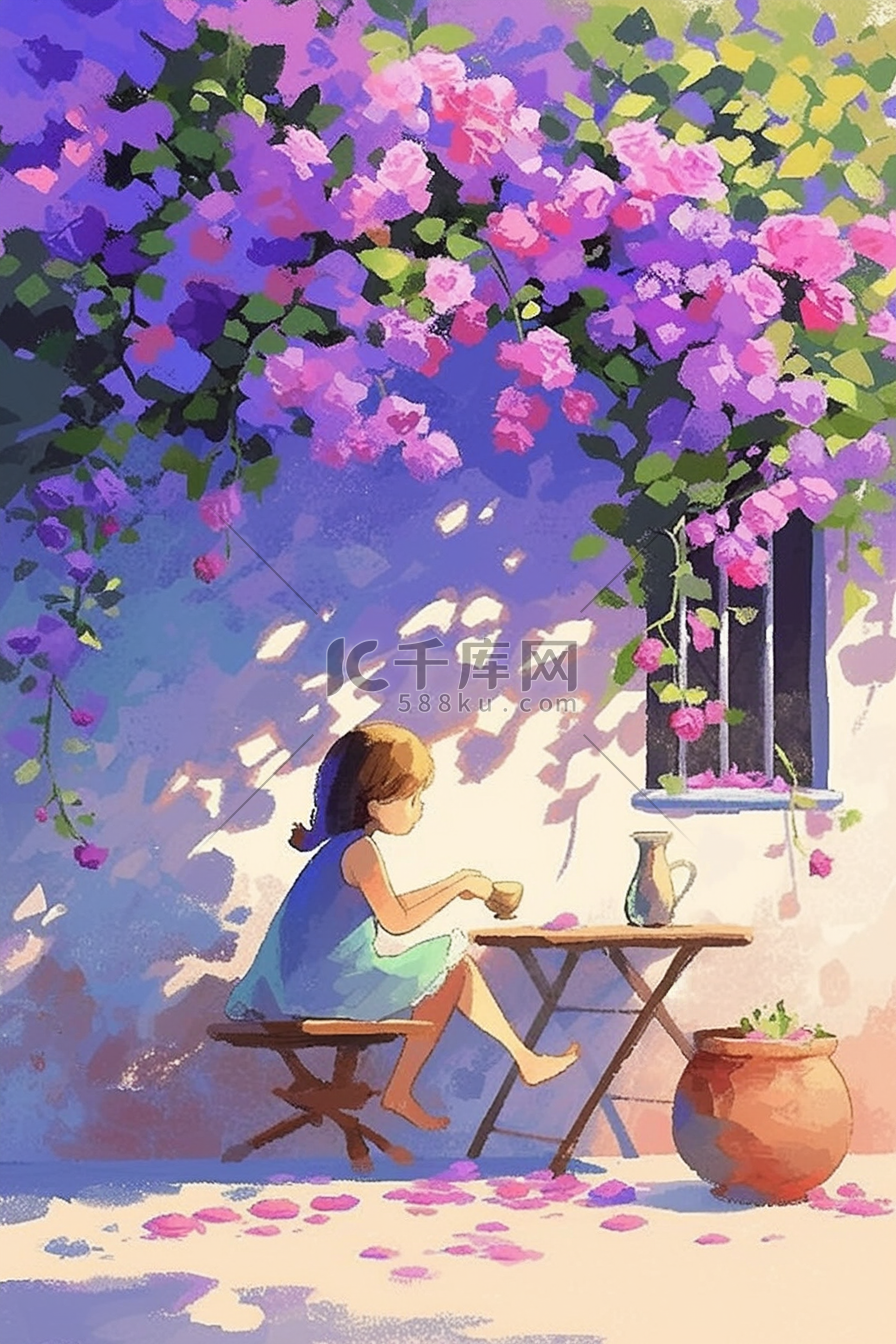 唯美紫色蔷薇夏季女孩手绘海报插图图片