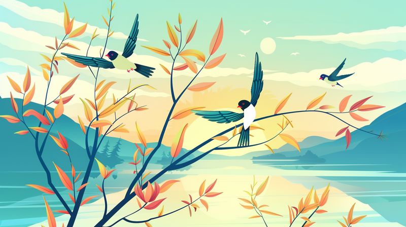 春天湖泊旁枝叶上的小鸟插画图片