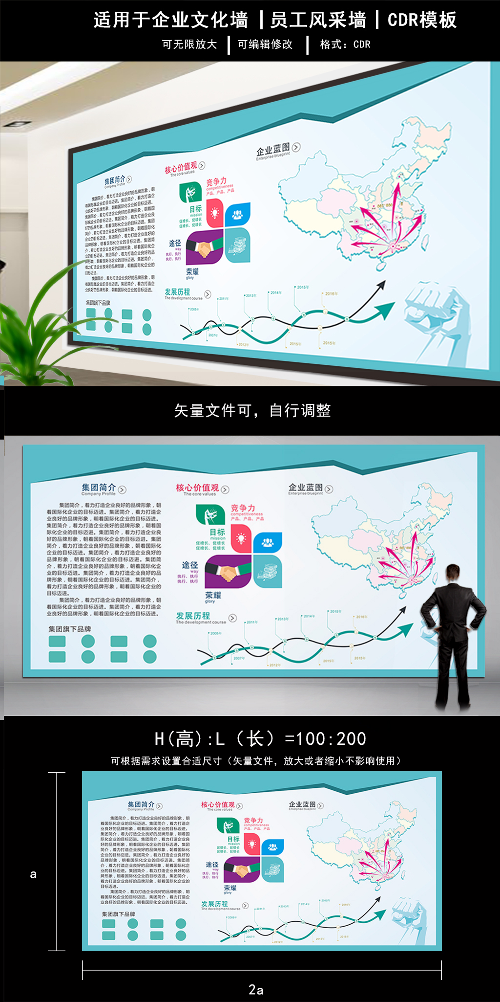 湖蓝色公司企业文化形象墙公司简介展板