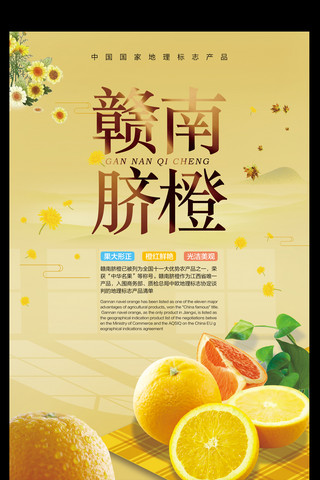 橙子水果素材海报模板_橙色古风赣南脐橙海报模板