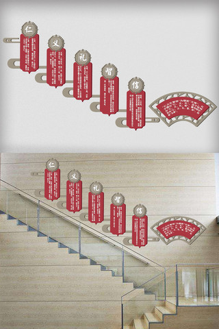 2017年中国风红色国学文化楼梯墙校园墙