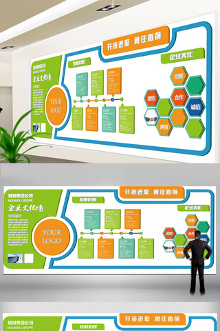 员工文化墙海报模板_2017年绿色简约企业文化墙立体展板