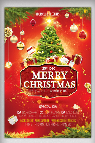 红色喜庆圣诞节圣诞树海报