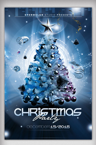 圣诞星星海报模板_蓝色梦幻圣诞树背景圣诞派对海报