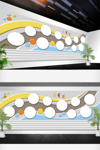 简介墙照片墙海报模板_卡通海浪背景校园学生照片墙设计
